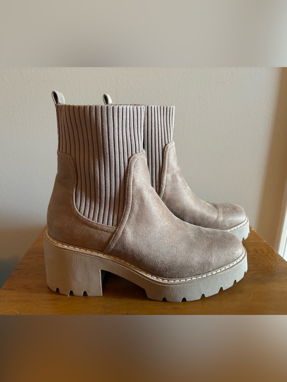 Dolce Vita Taupe Suede Rib-Knit Chelsea Bootie